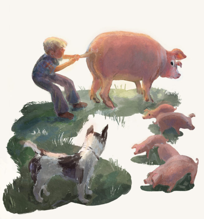 An illustration representing a boy pulling a pig by its tail, painted using Procreate, by Dunja Popin.